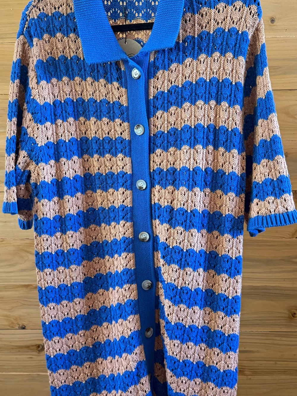 Aaron and Amber Blue and Tan Striped Knit Button-Up Dress or coverup NWT